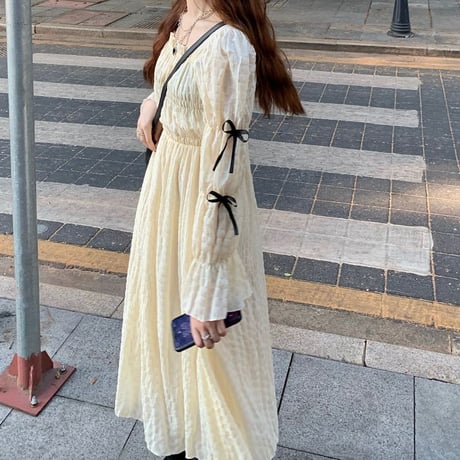 ワンピース リボン フリル スクエアネック ハイウエスト ロング丈 Aライン 長袖 レトロ 韓国ファッション レディース 大人可愛い ガーリー フェミニン DTC-661291871230