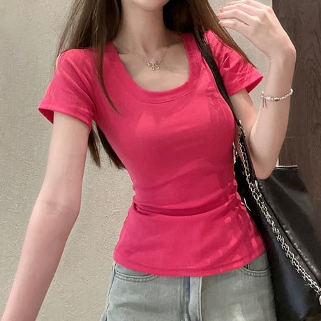 6COLOR Tシャツ 半袖 Uネック スリムフィット ショート丈 トップス レトロ 韓国ファッション レディース 大人可愛い ガーリー DTC-792036557105