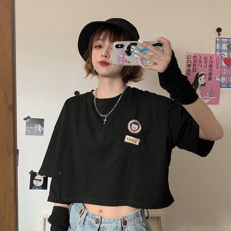 Tシャツ トップス ショート丈 五分袖 くまちゃん 韓国ファッション レディース ベアー ラウンドネック クルーネック 半袖 ガーリー カジュアル DTC-621732610073