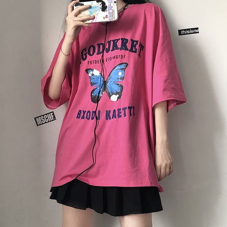 【2カラー】 Tシャツ バタフライ柄 半袖Tシャツ 半袖 オーバーサイズ レトロ 韓国ファッション レディース 大人可愛い ガーリー カジュアル ストリート系 DTC-619205596025