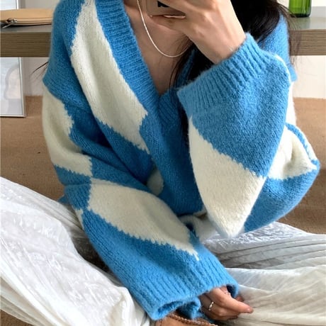 ダイヤ柄 ニット ニットセーター プルオーバー Vネック 長袖 ルーズ ゆったり レトロ 韓国ファッション レディース 大人可愛い ガーリー DTC-655919132061