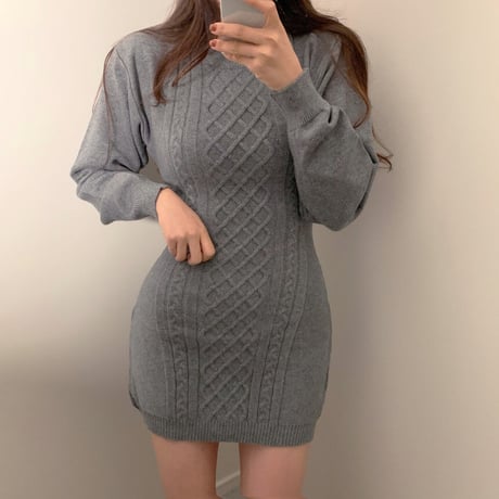 ニットワンピース 背中開き 背中見せ ツイスト編み ハイウエスト 韓国ファッション レディース ニット ワンピース 無地 大人可愛い ガーリー DTC-629490442432