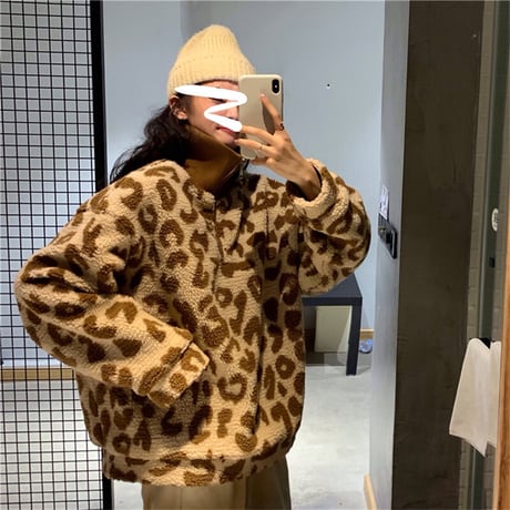 レオパード ボア プルオーバー ハーフジップ ラムウール 韓国ファッション レディース トップス ヒョウ柄 フリース もこもこアウター 大人カジュアル DTC-629477775602