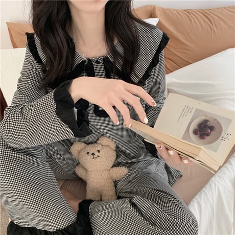 ルームウェア セットアップ パジャマ チェック柄 フリル トップス パンツ 上下セット 部屋着 韓国ファッション レディース 大人可愛い ガーリー フェミニン DTC-664959658095