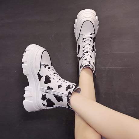 厚底 キャンバススニーカー ハイカット 22.5～24.5cm シューレース サイドファスナー 牛柄 ベーシック カジュアル 大人可愛い ガーリー DTC-650901386927