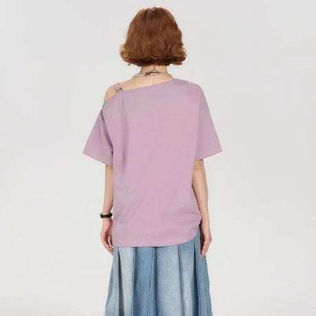 tシャツ 手書き風プリント ワンちゃん ワンショルダー オフショルダー オーバーサイズ トップス カットソー ゆったり 半袖 レトロ 大人可愛い ガーリー DTCA-912182892439