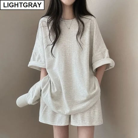 セットアップ 2点セット tシャツ ショートパンツ オーバーサイズ クルーネック 無地 ルームウェア レトロ 大人可愛い ガーリー カジュアル DTCA-839400393323