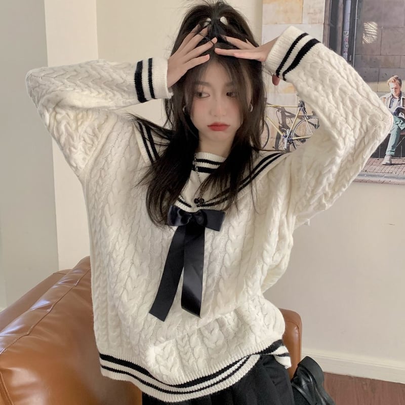 セーラー襟 ニットセーター リボン プルオーバー 長袖 ゆったり