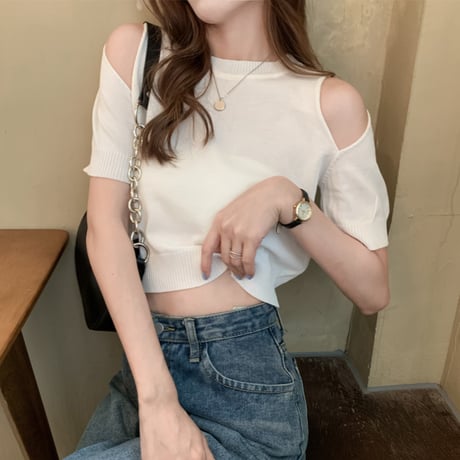 tシャツ オープンショルダー サマーニット 半袖 ショート丈 へそ出し 肩開き 肩出し 薄手 トップス 韓国ファッション レディース 大人可愛い ガーリー DTCA-640484604365
