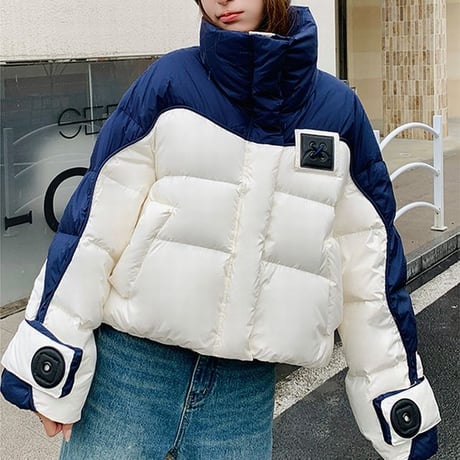 ダウンジャケット 中綿 バイカラー スタンドネック 中綿ジャケット ブルゾン アウター ジップアップ ゆったり 長袖 レトロ 大人可愛い ガーリー カジュアル DTCA-811244559449