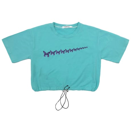 【3カラー】 Tシャツ バタフライ柄 半袖 コードストッパー 裾絞り クロップド丈 ショート丈 韓国ファッション レディース カジュアル 韓国ストリートファッション DTC-619665826393