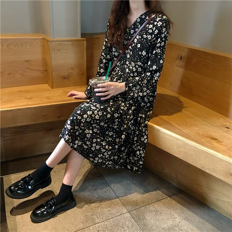 花柄 ワンピース ミニ丈 ミディ丈 ひざ丈 長袖 韓国ファッション レディース Vネック フラワープリント ハイウエスト レトロ (DTC-606080493345)