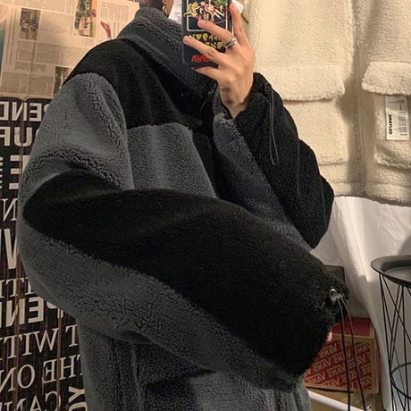 ユニセックス バイカラー ボアブルゾン ボアジャケット ボア アウター オーバーサイズ ゆったり 韓国ファッション メンズ レディース ストリートファッション DTC-607497903384
