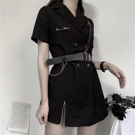 ベルト付き ワンピース シャツ 韓国ファッション レディース ダブルブレスト ハイウエスト ショート丈 シンプル ガーリー DTC-617702303491