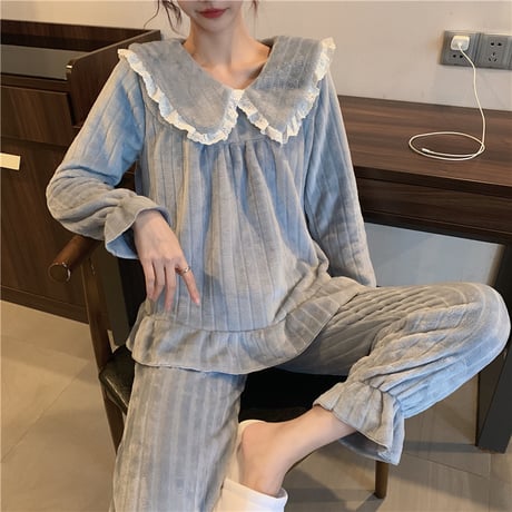ルームウェア パジャマ セットアップ コーラルフリース トップス + パンツ 長袖 上下セット 韓国ファッション レディース ホワイト ブルー ガーリー 630856660553