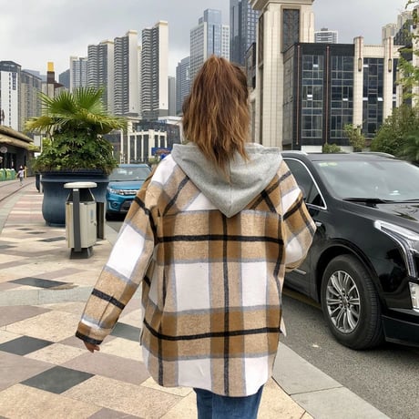 パーカー ネルシャツ 韓国ファッション レディース チェック柄 レイヤード 重ね着風 フード脱着 厚手 アウター 秋冬 カジュアル (DTC-601523687618)