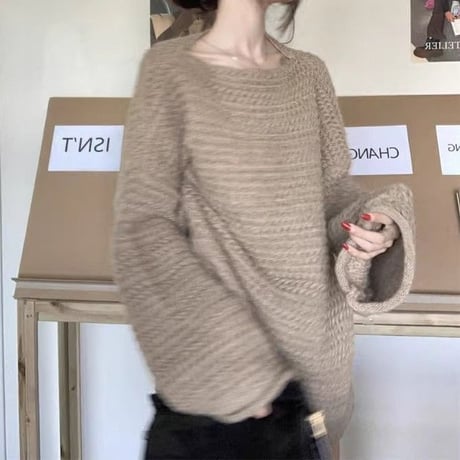ローゲージニット プルオーバー オーバーサイズ セーター ニット トップス ボートネック 長袖 レトロ 大人可愛い ガーリー カジュアル DTCA-801690903475
