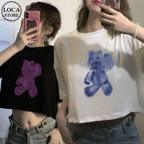 クロップドTシャツ 半袖 クマプリント ラウンドネック クロップド丈 韓国ファッション レディース Tシャツ ショート丈 カジュアル ストリートファッション DTC-622776901664