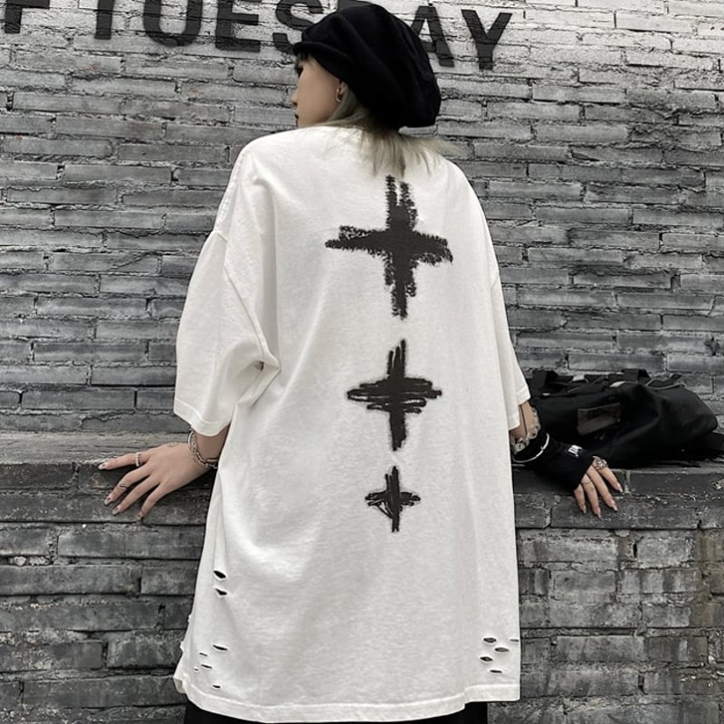 ユニセックス ダメージ加工 Tシャツ ハート クロス 半袖 オーバー