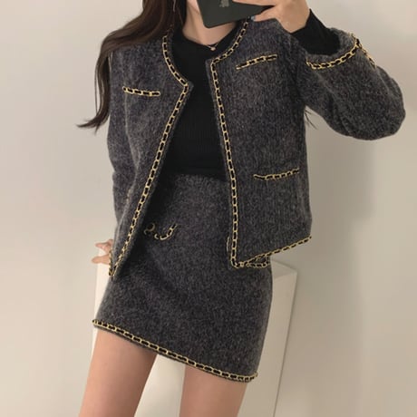 セットアップ ツイード ジャケット ショートコート ＋ ミニスカート 韓国ファッション レディース 2点セット ハイウエスト 大人可愛い ガーリー DTC-630050657364
