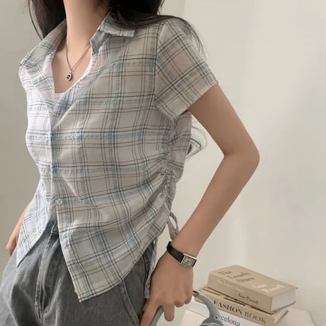 チェック柄シャツ サイドシャーリング トップス ショート丈 ドローストリング ドロスト チェックシャツ 半袖 レトロ 大人可愛い ガーリー カジュアル トレンド DTCA-925867914003