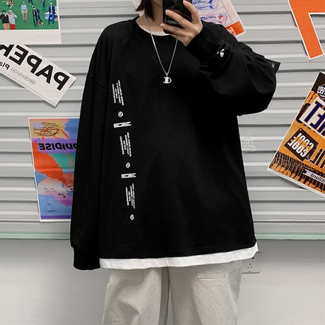 ユニセックス Tシャツ 長袖 韓国ファッション メンズ レディース ラウンドネック シンプル 英字 プリント オーバーサイズ 大きいサイズ ルーズ ストリート DTC-624323933048