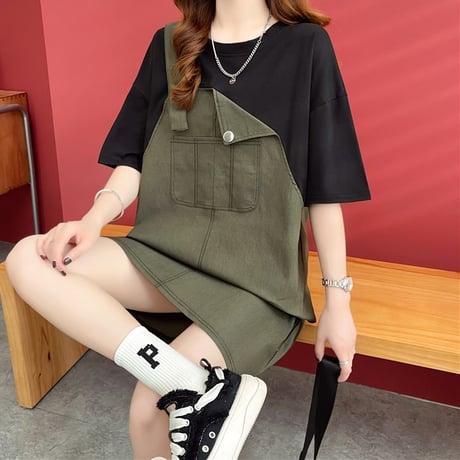 フェイクレイヤード ワンピース Tシャツ ドッキングワンピース ミニ丈 バイカラー ルーズ 半袖 レトロ 大人可愛い ガーリー 韓国ファッション レディース DTC-678993747695