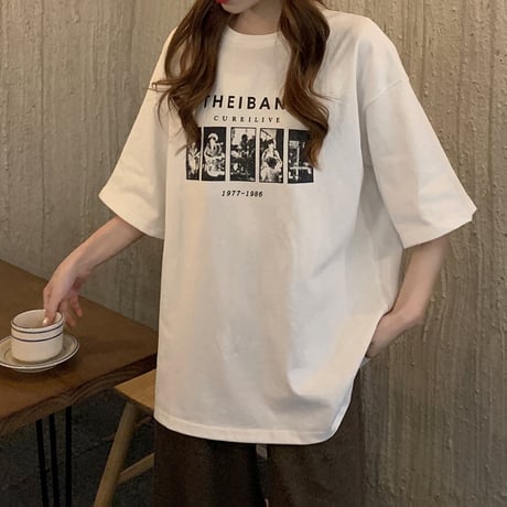 tシャツ オーバーサイズ バンドt クルーネック トップス 半袖 シンプル ルーズ レトロ 韓国ファッション レディース 大人可愛い ガーリー カジュアル DTCA-669255848156