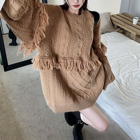 フリンジ ニット セーター ケーブル編み プルオーバー オーバーサイズ ルーズ ゆったり 長袖 レトロ 韓国ファッション レディース 大人可愛い ガーリー DTC-690768828720