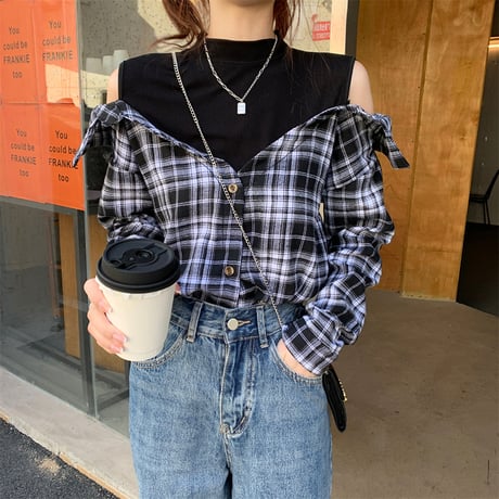 チェック柄 フェイクレイヤード ドッキングトップス チェックシャツ オフショルダー 長袖 レトロ 韓国ファッション レディース 大人可愛い ガーリー DTC-666187721262