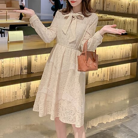 レディース ワンピース ボウタイ レース 総レース レースワンピース ボウタイ リボンミディ丈 大人 上品 大きいサイズ ガーリー 韓国ファッション (DCT-600232513951)