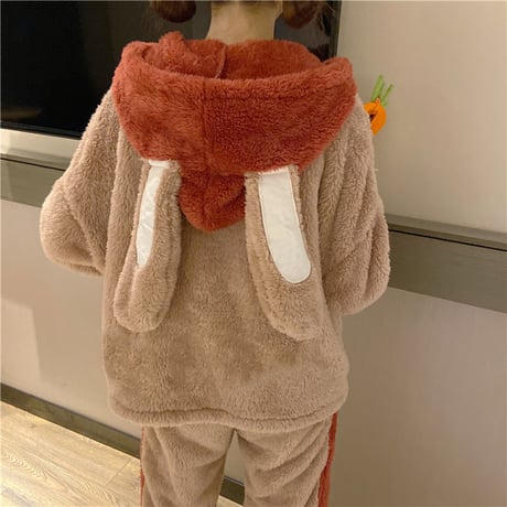 【ルームウェア】 フード付き パジャマ セットアップ トップス + パンツ ラビット フリース ウサギ 長袖 上下セット 長袖 韓国ファッション レディース ガーリー 627124813627