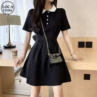 ポロワンピース ハート型ボタン 半袖 ショート丈 ハイウエスト Aライン 韓国ファッション レディース ワンピース POLO襟 大人可愛い ガーリー DTCA-677216007064