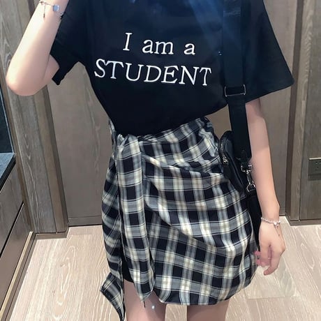 ドッキングワンピース フェイクレイヤード ワンピース Tシャツ チェック柄 ハイウエスト 半袖 韓国ファッション レディース 大人可愛い ガーリー カジュアル DTC-669317161455