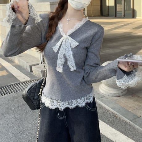 ニット Vネック レース リボン スリムフィット スリムニット トップス プルオーバー ニットソー 長袖 レトロ 大人可愛い ガーリー DTCA-858493602267