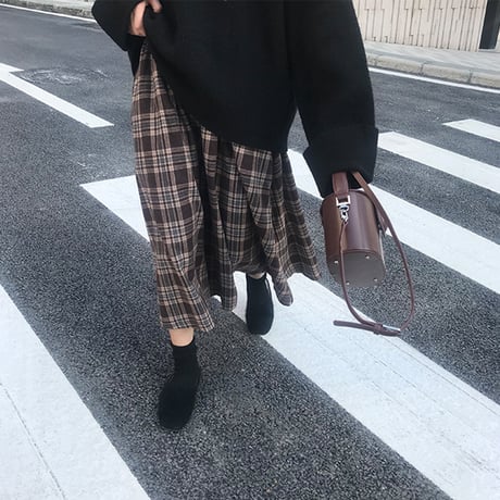 チェック柄 スカート 韓国ファッション レディース チェックスカート ロングスカート ハイウエスト ロング丈 起毛 レトロ 秋 冬 (DTC-604262553492)