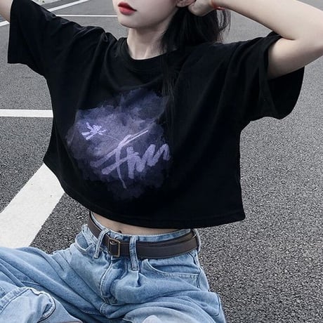Tシャツ クロップド丈 半袖 グラフィックプリント トップス ショート丈 クルーネック レトロ 韓国ファッション レディース 大人可愛い ガーリー カジュアル DTC-647653058151