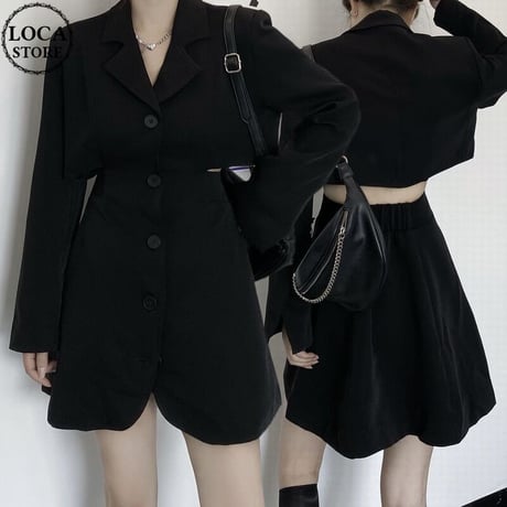 スーツワンピース オープンバッグ 背中開き 背中見せ ワンピース ハイウエスト 長袖 レトロ 韓国ファッション レディース 大人可愛い ガーリー ゴシック DTC-650160435855