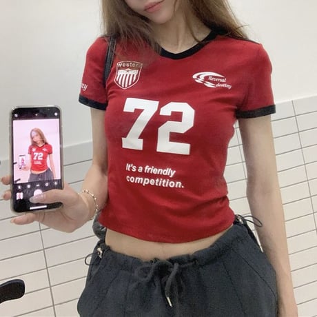 Tシャツ ユニフォーム風 サイドライン Vネック ショート丈 バイカラー トップス 半袖 レトロ 韓国ファッション レディース 大人可愛い ガーリー スポーツミックス DTC-802799667904