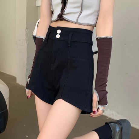 デニムショートパンツ ブラック ワイドレッグパンツ ボタン ハイウエスト Aライン レトロ 韓国ファッション レディース 大人可愛い ガーリー カジュアル DTC-667422863677