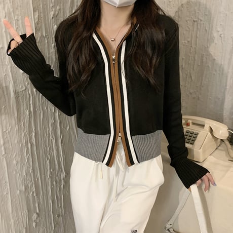 【4カラー】 フード付き ニットカーディガン ニットパーカー 配色ライン ジップアップ リブ編み 長袖 韓国ファッション レディース 大人可愛い ガーリー カジュアル DTC-656199441917