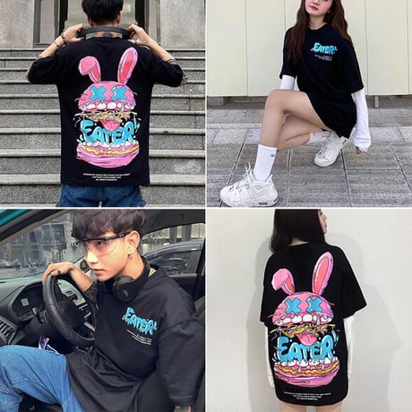 ユニセックス Tシャツ 半袖 メンズ レディース ラウンドネック EATER ラビット うさぎ バックプリント オーバーサイズ 大きいサイズ ルーズ ストリート TBN-622752800808