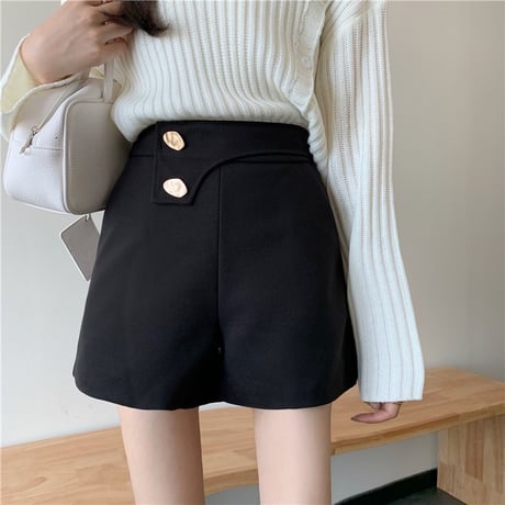 ショートパンツ ハイウエスト ボタン 韓国ファッション レディース ワイドレッグパンツ カジュアル 大人可愛い ガーリー DTC-631987259023