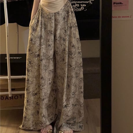 花柄 モップパンツ ワイドパンツ ハイウエスト ウエストゴム ルーズ レトロ 韓国ファッション レディース 大人可愛い レトロ ガーリー カジュアル DTC-711181174852