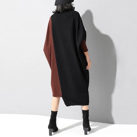 ニットワンピース アシンメトリー バイカラー ハイネック ロングワンピース ニット ワンピース ゆったり ルーズ 長袖 レトロ 大人可愛い ガーリー DTCA-620987413432