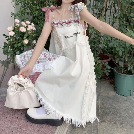 デニム キャミワンピース 切り替え 花柄 チェック柄 ノースリーブ リボン ワンピース Aライン レトロ 韓国ファッション レディース 大人可愛い ガーリー DTC-677809153986