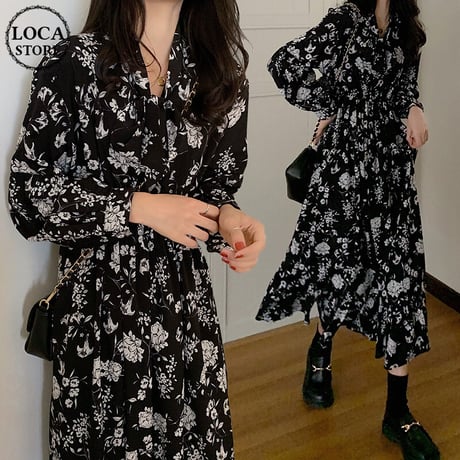 花柄 ワンピース Vネック 長袖 ハイウエスト ロング丈 韓国ファッション レディース 大人可愛い ガーリー フェミニン レトロ DTC-654775842535
