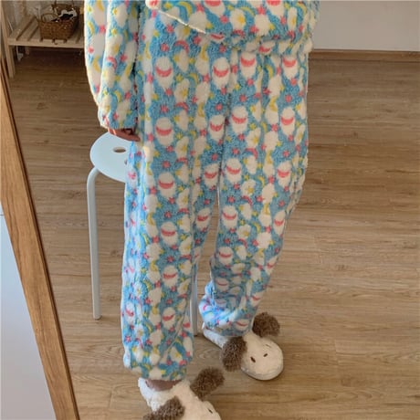 【ルームウェア】 選べる2タイプ パジャマ セットアップ トップス + パンツ フロントボタン フリース 長袖 上下セット 長袖 韓国ファッション レディース ガーリー 633212166815