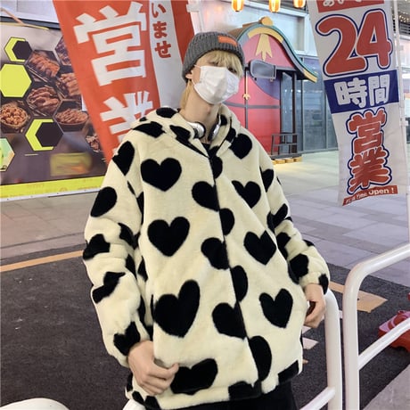 ユニセックス ハート柄 ボアジャケット ボアパーカー ファー ラムウール 韓国ファッション メンズ レディース 男女兼用 ゆったり アウター 大人可愛い DTC-634631995226