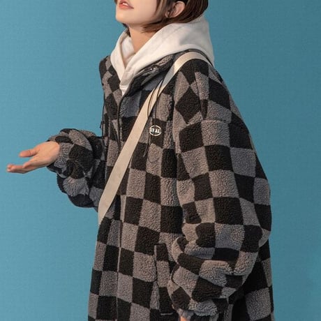 ボアジャケット ボアブルゾン ブロックチェック柄 ハイネック アウター 暖かい 防寒 もこもこ ゆったり ジップアップ レトロ カジュアル ストリートファッション DTC-658864986834